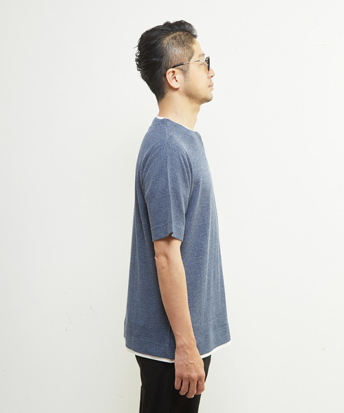 MEN'S MELROSE（メンズメルローズ）の「リンクスストライプキーネックフェイクレイヤードTシャツ（Tシャツ/カットソー・メンズ・ネイビー/チャコールグレー/ライトグレー・4/3/2）」の7枚目の写真