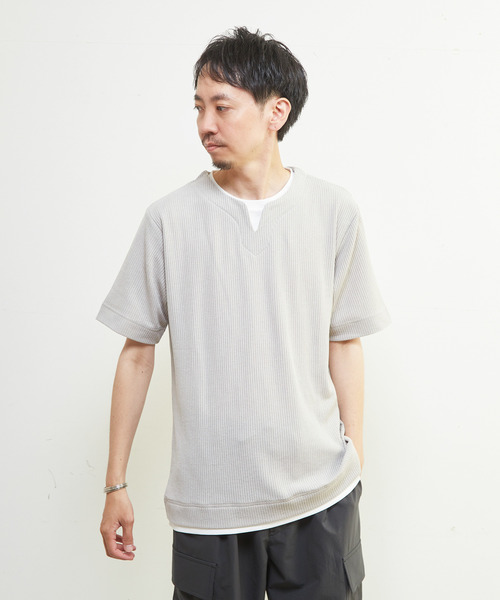 MEN'S MELROSE（メンズメルローズ）の「リンクスストライプキーネックフェイクレイヤードTシャツ（Tシャツ/カットソー・メンズ・ネイビー/チャコールグレー/ライトグレー・4/3/2）」の10枚目の写真