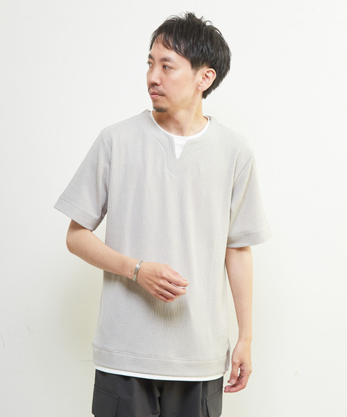MEN'S MELROSE（メンズメルローズ）の「リンクスストライプキーネックフェイクレイヤードTシャツ（Tシャツ/カットソー・メンズ・ネイビー/チャコールグレー/ライトグレー・4/3/2）」の11枚目の写真