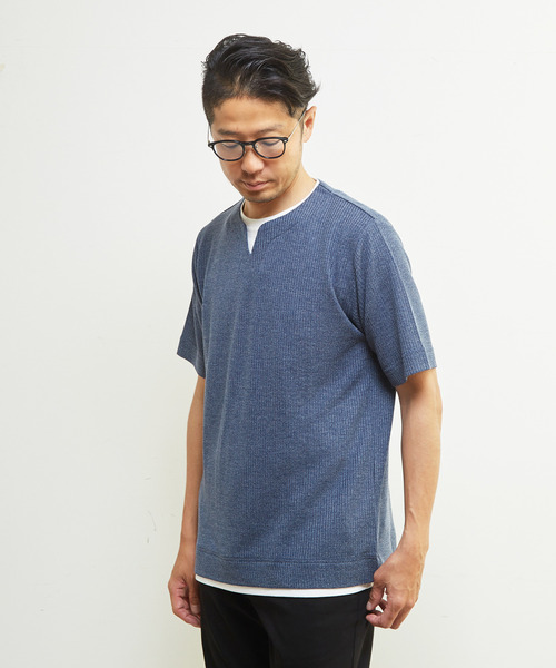 MEN'S MELROSE（メンズメルローズ）の「リンクスストライプキーネックフェイクレイヤードTシャツ（Tシャツ/カットソー・メンズ・ネイビー/チャコールグレー/ライトグレー・4/3/2）」の15枚目の写真