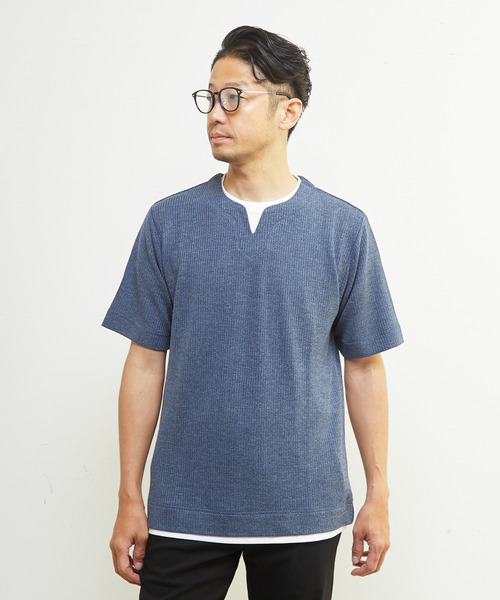 MEN'S MELROSE（メンズメルローズ）の「リンクスストライプキーネックフェイクレイヤードTシャツ（Tシャツ/カットソー・メンズ・ネイビー/チャコールグレー/ライトグレー・4/3/2）」の16枚目の写真
