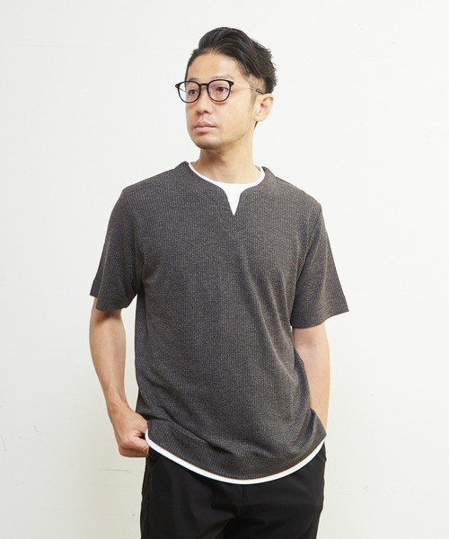 MEN'S MELROSE（メンズメルローズ）の「リンクスストライプキーネックフェイクレイヤードTシャツ（Tシャツ/カットソー・メンズ・ネイビー/チャコールグレー/ライトグレー・4/3/2）」の19枚目の写真
