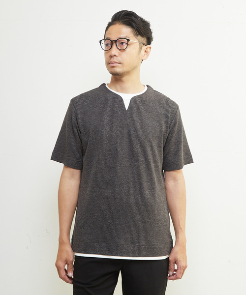 MEN'S MELROSE（メンズメルローズ）の「リンクスストライプキーネックフェイクレイヤードTシャツ（Tシャツ/カットソー・メンズ・ネイビー/チャコールグレー/ライトグレー・4/3/2）」の20枚目の写真