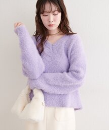 Vネックシャギーニットプルオーバー