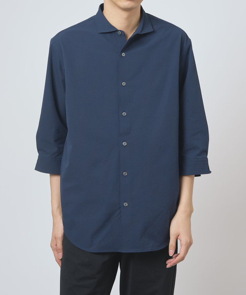 B.C STOCK（ベーセーストック）の「シアサッカー 7分袖 レギュラーカラーシャツ（シャツ/ブラウス・メンズ・ホワイト/ネイビー/ブルー系その他/パープル・LARGE/MEDIUM）」の6枚目の写真