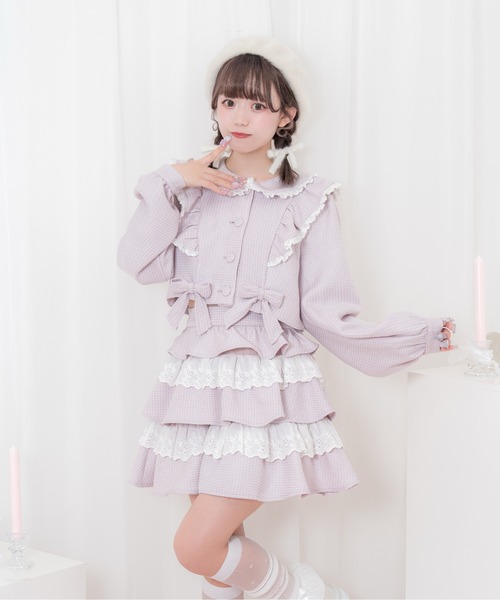 Honey Cinnamon コットンレース配色ニットワンピース ピンク Honey