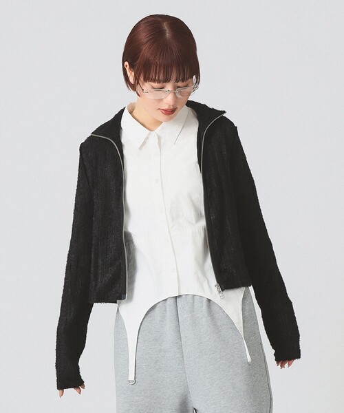 Ray BEAMS（レイビームス）の「シャギー ジップ カーディガン [手洗い可]（カーディガン/ボレロ・レディース・ダークブラウン/ブラック・ONE SIZE）」の5枚目の写真