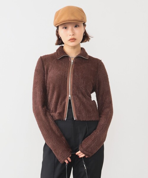 Ray BEAMS（レイビームス）の「シャギー ジップ カーディガン [手洗い可]（カーディガン/ボレロ・レディース・ダークブラウン/ブラック・ONE SIZE）」の11枚目の写真