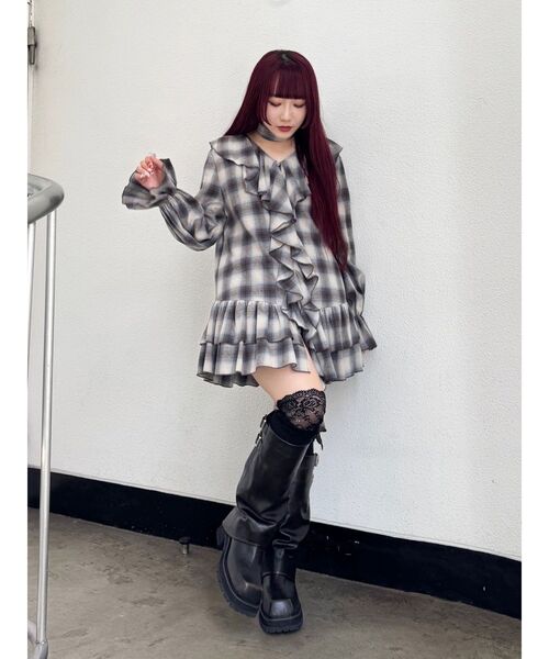 jouetie（ジュエティ）の「ラッフルフリルネルチュニックシャツワンピース（ワンピース・レディース・ブラック/ブラウン・MEDIUM）」の9枚目の写真