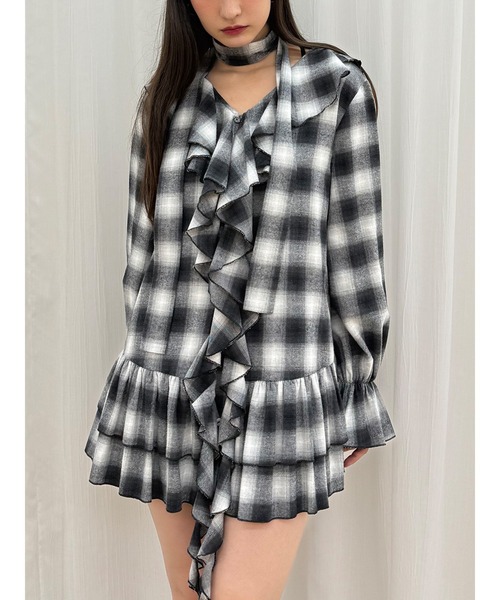 jouetie（ジュエティ）の「ラッフルフリルネルチュニックシャツワンピース（ワンピース・レディース・ブラック/ブラウン・MEDIUM）」の2枚目の写真