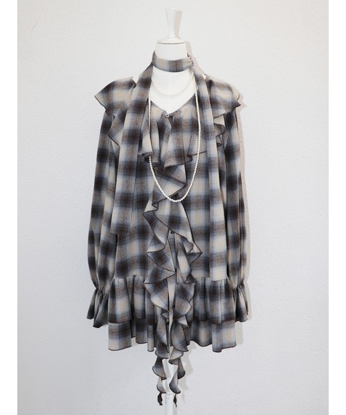 jouetie（ジュエティ）の「ラッフルフリルネルチュニックシャツワンピース（ワンピース・レディース・ブラック/ブラウン・MEDIUM）」の7枚目の写真