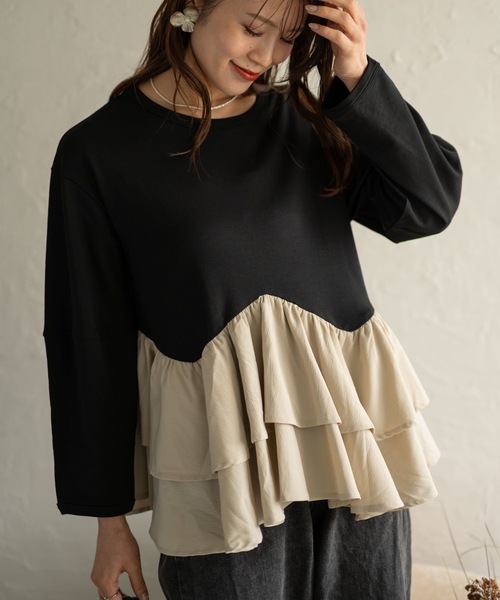 Muffiny(マフィニー)の「ボリュームフリルペプラムトップス(Tシャツ/カットソー・レディース・ブラック/ブラック系その他/ダークグレー・FREE)」の6枚目の写真