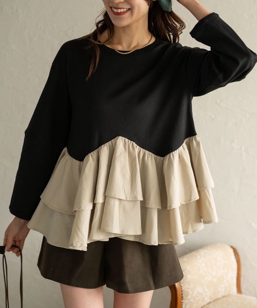 Muffiny(マフィニー)の「ボリュームフリルペプラムトップス(Tシャツ/カットソー・レディース・ブラック/ブラック系その他/ダークグレー・FREE)」の13枚目の写真
