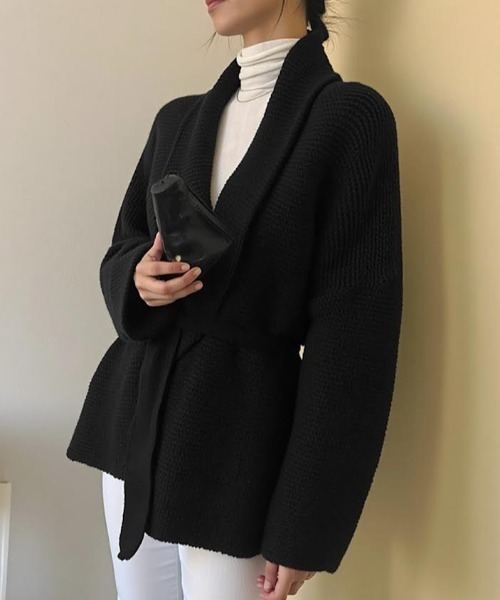 cammie(キャミー)の「ウエストリボン付きカーディガン(カーディガン/ボレロ・レディース・モカ/ブラック・F)」の3枚目の写真