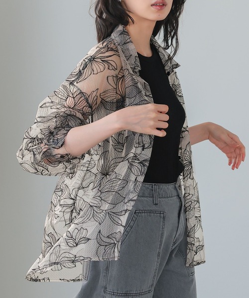 セール】チュール花柄刺繍オーバーサイズシャツ（シャツ