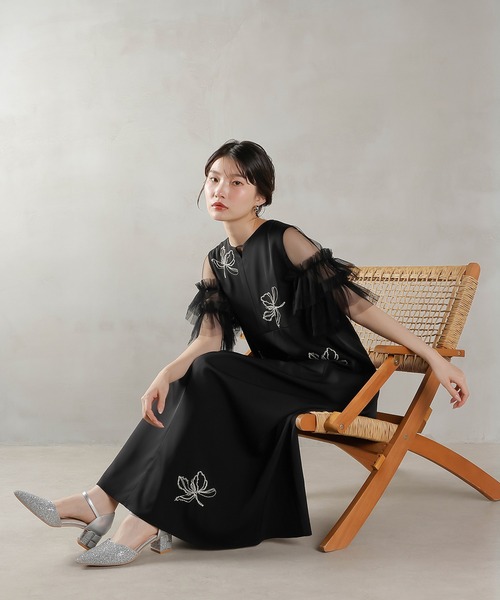 セール】刺繍レース チュールフリル Aライン ドレス パーティー 結婚式