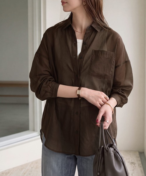 STYLE DELI(スタイルデリ)の「【袖口がゴムで便利な】微シアー微光沢シャツ(シャツ/ブラウス・レディース・ブラウン/オレンジ/バイオレット・FREE)」の10枚目の写真