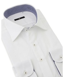 SUIT SELECT（スーツセレクト）の「【形態安定】【長袖】【BLACK LINE】ワイドカラードレスワイシャツ/ホワイト×ドビーストライプ/襟袖裏別布：ネイビー×チェック/釦付糸：ネイビー（ビジネスシャツ）」