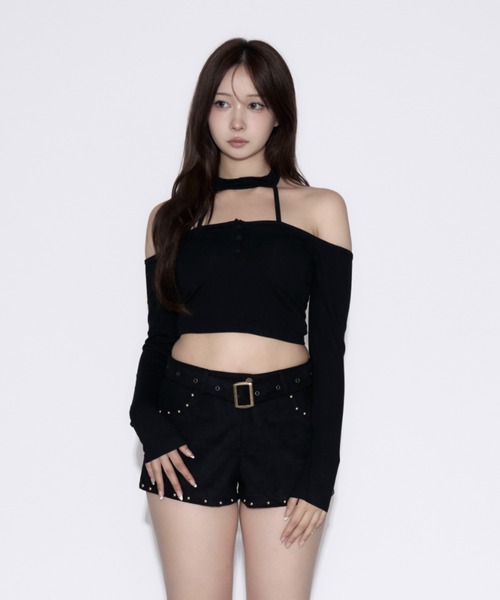 tinkerend(ティンカーエンド)の「Cut Out Halter Top / カットアウトホルタートップス(Tシャツ/カットソー・レディース・ブラック/グレー・FREE)」の2枚目の写真