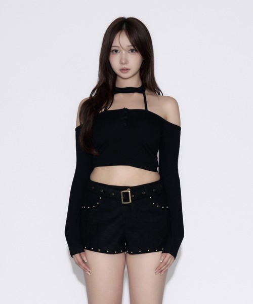 tinkerend(ティンカーエンド)の「Cut Out Halter Top / カットアウトホルタートップス(Tシャツ/カットソー・レディース・ブラック/グレー・FREE)」の3枚目の写真