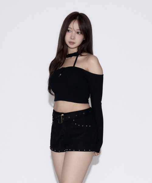 tinkerend(ティンカーエンド)の「Cut Out Halter Top / カットアウトホルタートップス(Tシャツ/カットソー・レディース・ブラック/グレー・FREE)」の5枚目の写真