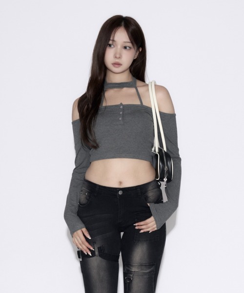 tinkerend(ティンカーエンド)の「Cut Out Halter Top / カットアウトホルタートップス(Tシャツ/カットソー・レディース・ブラック/グレー・FREE)」の12枚目の写真