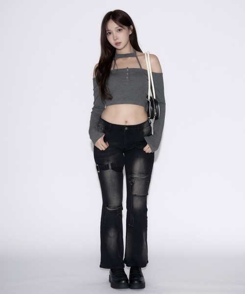 tinkerend(ティンカーエンド)の「Cut Out Halter Top / カットアウトホルタートップス(Tシャツ/カットソー・レディース・ブラック/グレー・FREE)」の17枚目の写真