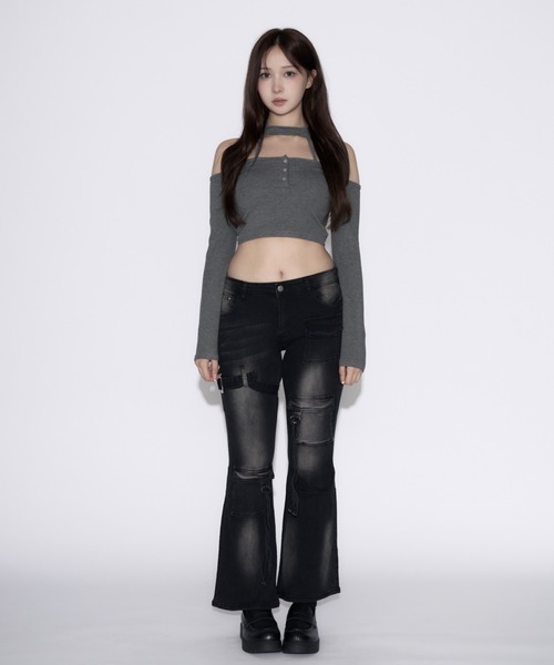 tinkerend(ティンカーエンド)の「Cut Out Halter Top / カットアウトホルタートップス(Tシャツ/カットソー・レディース・ブラック/グレー・FREE)」の16枚目の写真