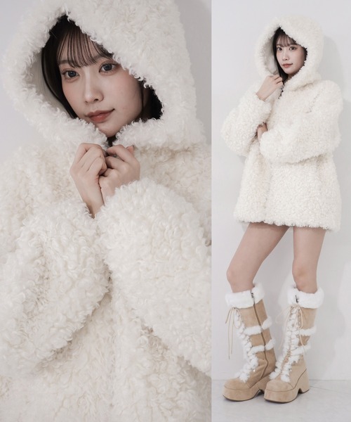 2color 】テディボアフーディボリュームミドルコート ／ teddy boa