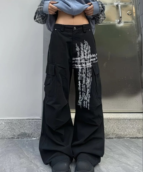 セール】十字架英字プリントデニムワイドパンツ（デニムパンツ