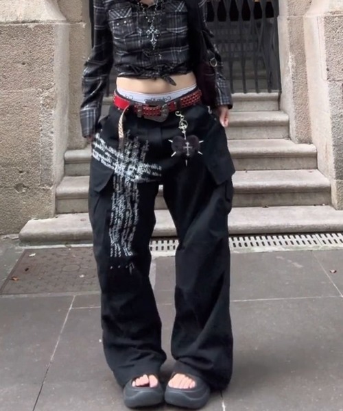 セール】十字架英字プリントデニムワイドパンツ（デニムパンツ