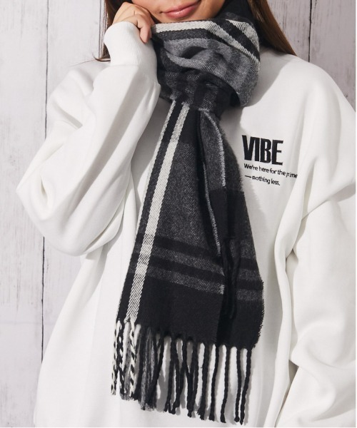 チェック柄マフラー ブラック/ホワイト*- 5色展開】チェック柄 マフラー ホワイト - 古着屋グレープフルーツ