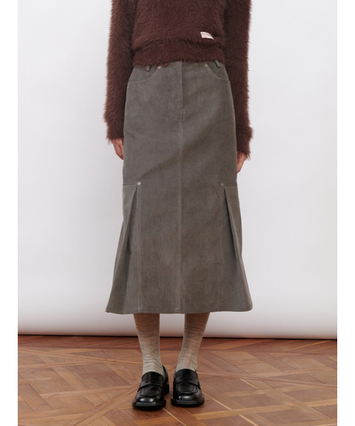Corduroy Tucked Midi Skirt Grey