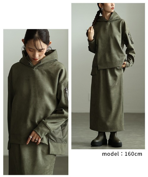 Sawa a la mode(サワアラモード)の「MA-1ポケット付きフーディスカートセットアップ(ワンピース・レディース・ダークカーキ/チャコールグレー・FREE)」の11枚目の写真