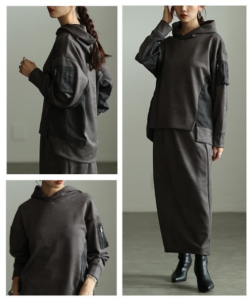 Sawa a la mode(サワアラモード)の「MA-1ポケット付きフーディスカートセットアップ(ワンピース・レディース・ダークカーキ/チャコールグレー・FREE)」の18枚目の写真
