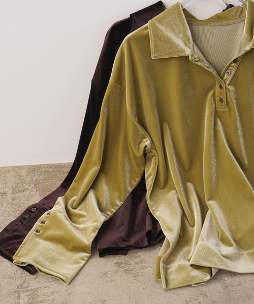 AIC.（エーアイシー）の「ベロアビッグカフスオーバーサイズポロトップス（ポロシャツ・レディース・ブラウン/ライトグリーン・FREE）」の5枚目の写真