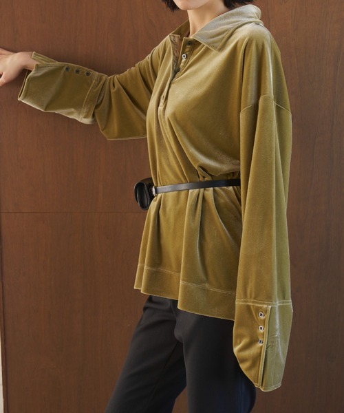 AIC.（エーアイシー）の「ベロアビッグカフスオーバーサイズポロトップス（ポロシャツ・レディース・ブラウン/ライトグリーン・FREE）」の20枚目の写真