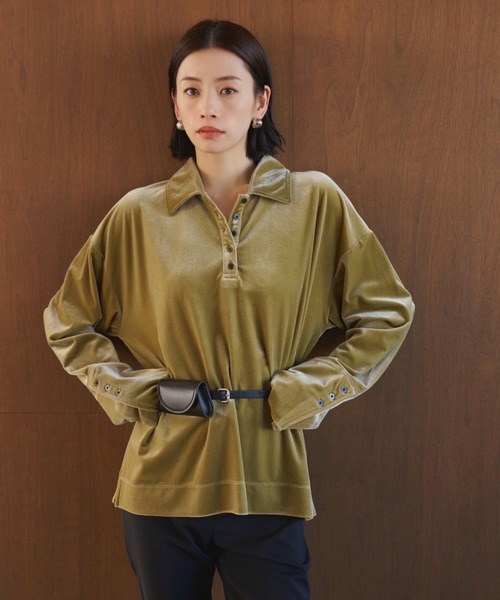 AIC.（エーアイシー）の「ベロアビッグカフスオーバーサイズポロトップス（ポロシャツ・レディース・ブラウン/ライトグリーン・FREE）」の7枚目の写真