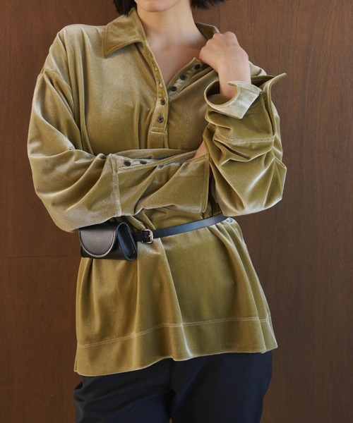 AIC.（エーアイシー）の「ベロアビッグカフスオーバーサイズポロトップス（ポロシャツ・レディース・ブラウン/ライトグリーン・FREE）」の16枚目の写真