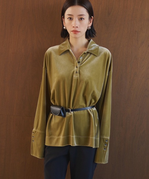 AIC.（エーアイシー）の「ベロアビッグカフスオーバーサイズポロトップス（ポロシャツ・レディース・ブラウン/ライトグリーン・FREE）」の13枚目の写真