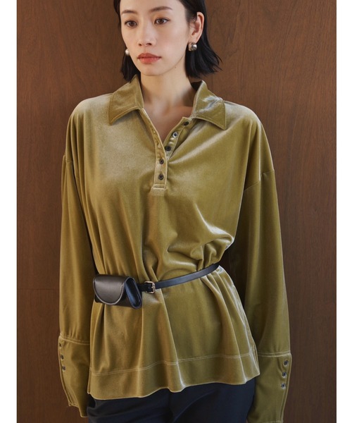 AIC.（エーアイシー）の「ベロアビッグカフスオーバーサイズポロトップス（ポロシャツ・レディース・ブラウン/ライトグリーン・FREE）」の15枚目の写真