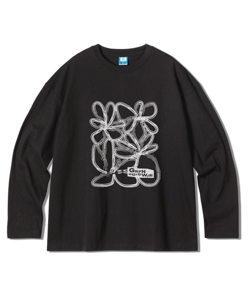 GRANFINNY(グランフィニ)の「ラインフラワーオーバーサイズロングスリーブ-ブラック(Tシャツ/カットソー・レディース・ブラック・MEDIUM/LARGE/X-LARGE)」の1枚目の写真