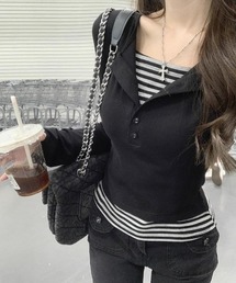 lilful | 【26年春夏新作】ボーダー柄 フェイクレイヤード ヘンリーネックロンT(Tシャツ/カットソー)