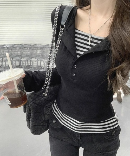 lilful(リルフル)の「【26年春夏新作】ボーダー柄 フェイクレイヤード ヘンリーネックロンT(Tシャツ/カットソー・レディース・ブラック・S/M)」の1枚目の写真