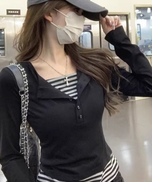 lilful(リルフル)の「【26年春夏新作】ボーダー柄 フェイクレイヤード ヘンリーネックロンT(Tシャツ/カットソー・レディース・ブラック・S/M)」の5枚目の写真