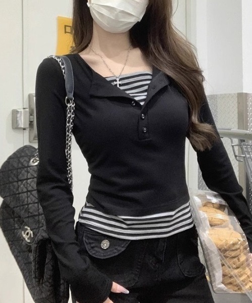 lilful(リルフル)の「【26年春夏新作】ボーダー柄 フェイクレイヤード ヘンリーネックロンT(Tシャツ/カットソー・レディース・ブラック・S/M)」の14枚目の写真