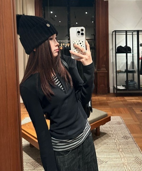 lilful(リルフル)の「【26年春夏新作】ボーダー柄 フェイクレイヤード ヘンリーネックロンT(Tシャツ/カットソー・レディース・ブラック・S/M)」の17枚目の写真