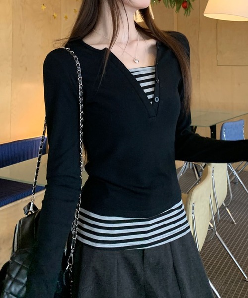 lilful(リルフル)の「【26年春夏新作】ボーダー柄 フェイクレイヤード ヘンリーネックロンT(Tシャツ/カットソー・レディース・ブラック・S/M)」の12枚目の写真