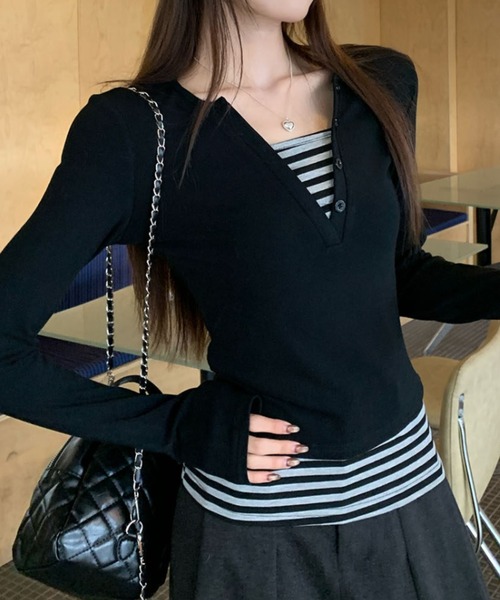 lilful(リルフル)の「【26年春夏新作】ボーダー柄 フェイクレイヤード ヘンリーネックロンT(Tシャツ/カットソー・レディース・ブラック・S/M)」の11枚目の写真