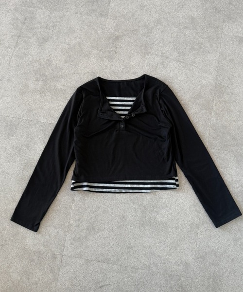 lilful(リルフル)の「【26年春夏新作】ボーダー柄 フェイクレイヤード ヘンリーネックロンT(Tシャツ/カットソー・レディース・ブラック・S/M)」の9枚目の写真